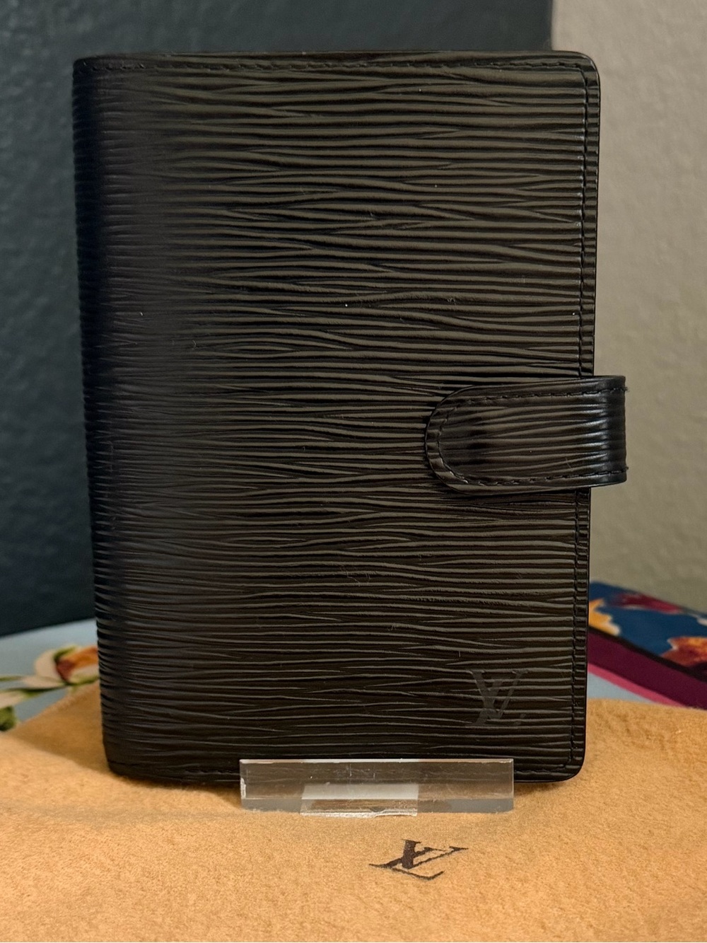 Louis Vuitton Black Textured Leather Small Wallet with Pink Logo Stamp